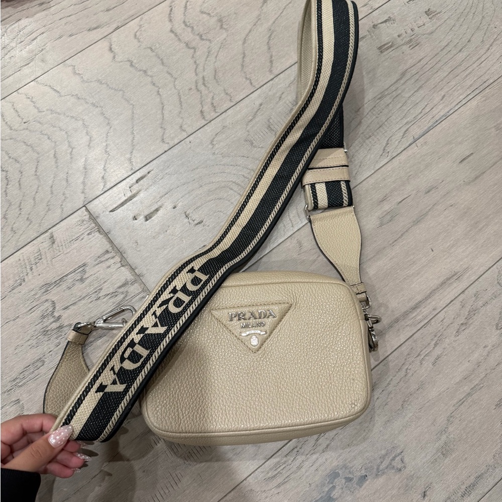 Prada Cream Textured Leather Crossbody with Branded Stripe Strap